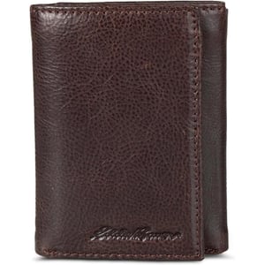 Eddie Bauer Mens Signature Logo Leather Trifold Wallet with 6 Card Slots and RFID ProtectionBrown