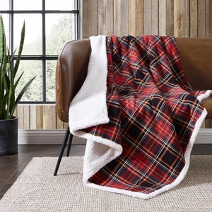 Eddie Bauer  Throw Blanket Cotton Flannel Home Decor All Season Reversible Sherpa Bedding Winslow Charcoal ThrowMountain Tartan RedBlackGold