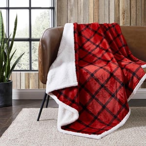 Eddie Bauer  Throw Blanket Reversible Sherpa Fleece Bedding Home Decor for All Seasons Bunkhouse Plaid Beige ThrowRedBlack