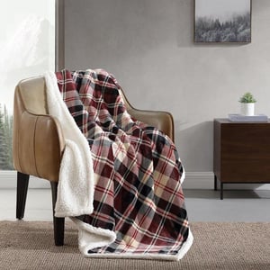 Eddie Bauer  Throw Blanket Reversible Sherpa Fleece Bedding Home Decor for All Seasons Bunkhouse Plaid Beige ThrowTrailhead Plaid Red