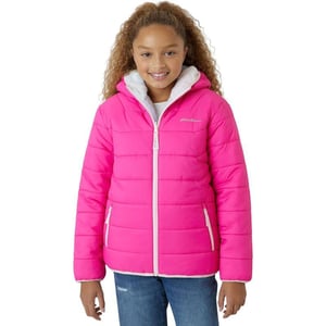 Eddie Bauer Girls Reversible Jacket  Deer Harbor Waterproof Lightweight Puffer Coat with Faux Shearling Lining 520Magenta