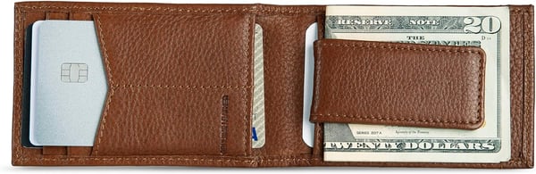 Eddie Bauer Mens Signature Logo Leather Bifold Money Clip Wallet with 3 Card Slots and RFID ProtectionTan