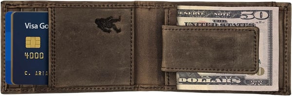 Eddie Bauer Embossed Sasquatch Leather Money Clip Bifold Wallet with RFID Protection  TanEddie Bauer Embossed Sasquatch Leather Money Clip Bifold Wallet with RFID Protection  Tan