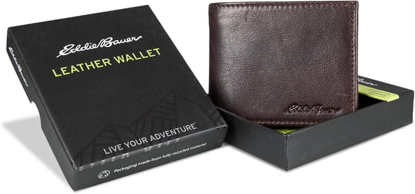 Eddie Bauer Mens Signature Logo Leather Flip Id Bifold Wallet with 6 Card Slots and RFID ProtectionBrown