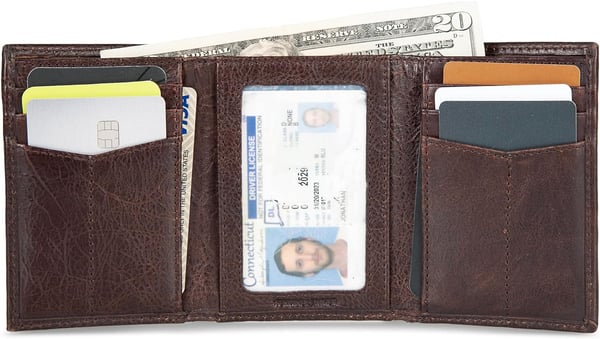 Eddie Bauer Mens Signature Logo Leather Trifold Wallet with 6 Card Slots and RFID ProtectionBrown