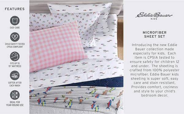 Eddie Bauer Kids  Twin Sheets Stain Resistant Kids Bedding Ideal for Toddler Bedding Set Vivid Stripe Blue TwinFish Lake WhiteMulti Full