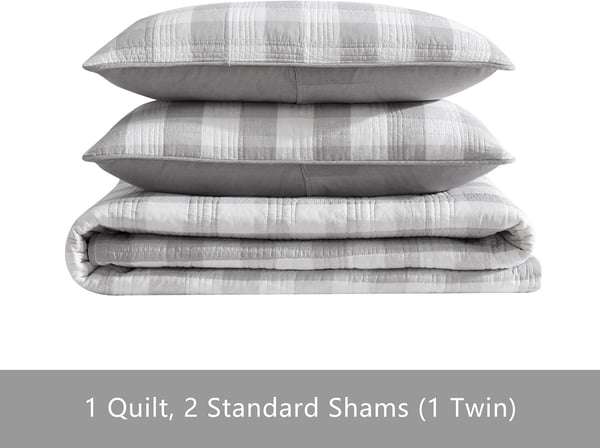 Eddie Bauer Twin Quilt Set Cotton Reversible Bedding with Matching Sham Home Decor for All Seasons Lakehouse Plaid Light Grey TwinKing Light Grey