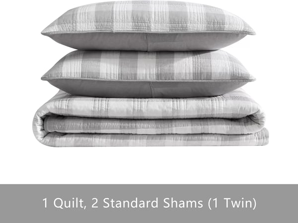 imageEddie Bauer Twin Quilt Set Cotton Reversible Bedding with Matching Sham Home Decor for All Seasons Lakehouse Plaid Light Grey Twin