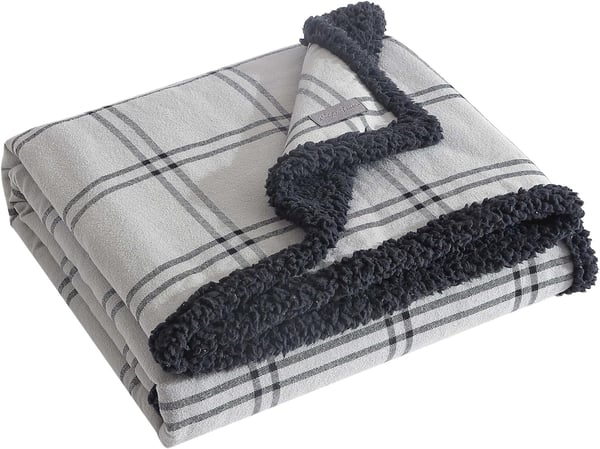 Eddie Bauer  Throw Blanket Cotton Flannel Home Decor All Season Reversible Sherpa Bedding Winslow Charcoal ThrowKettle Falls GreyBlack