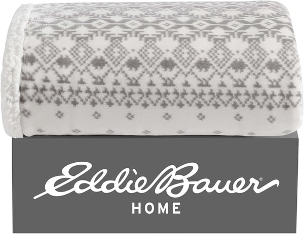 Eddie Bauer  Throw Blanket Reversible Sherpa Fleece Bedding Home Decor for All Seasons Bunkhouse Plaid Beige ThrowFair Isle Peak GreyWhite