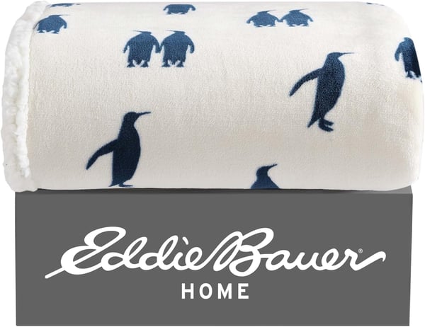 Eddie Bauer  Throw Blanket Super Soft Reversible Sherpa Fleece Bedding Ideal Christmas ampamp White Elephant Gifts Cozy Plaid Home Decor Fair Isle Peak ThrowEmperor Penguin Navy Blue