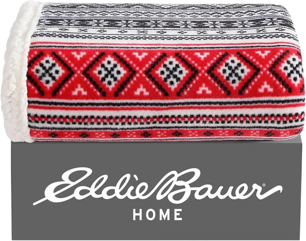 Eddie Bauer  Throw Blanket Super Soft Reversible Sherpa Fleece Bedding Ideal Christmas ampamp White Elephant Gifts Cozy Plaid Home Decor Fair Isle Peak ThrowFair Isle RedBlack