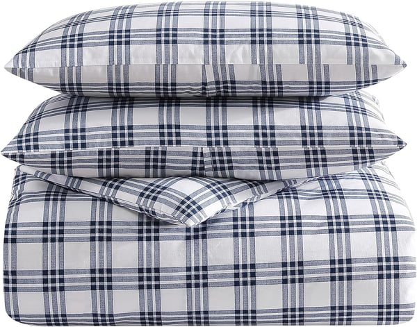 Eddie Bauer King Duvet Cover Set Cotton Bedding Set with Matching Shams Casual Home Dcor Ticking Stripe Navy KingBasic Plaid Navy