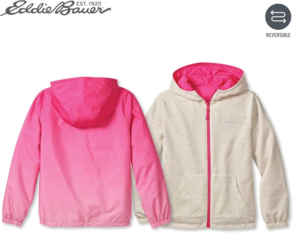 Eddie Bauer Kids Reversible Jacket  Full Zip Hooded Windbreaker Water Repellent Jacket for Boys and Girls XSXLPink