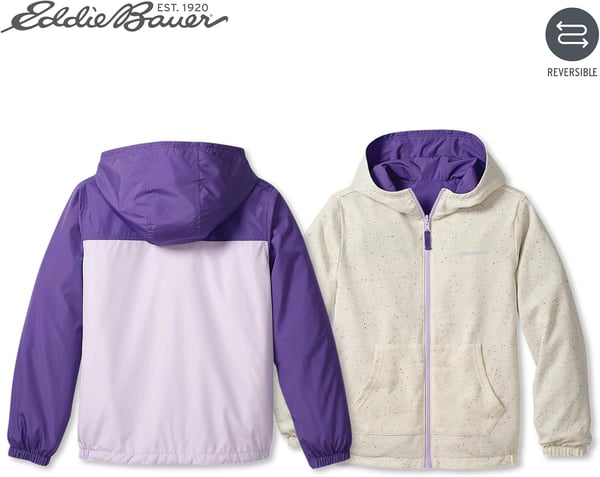 Eddie Bauer Kids Reversible Jacket  Full Zip Hooded Windbreaker Water Repellent Jacket for Boys and Girls XSXLViolet Tulip