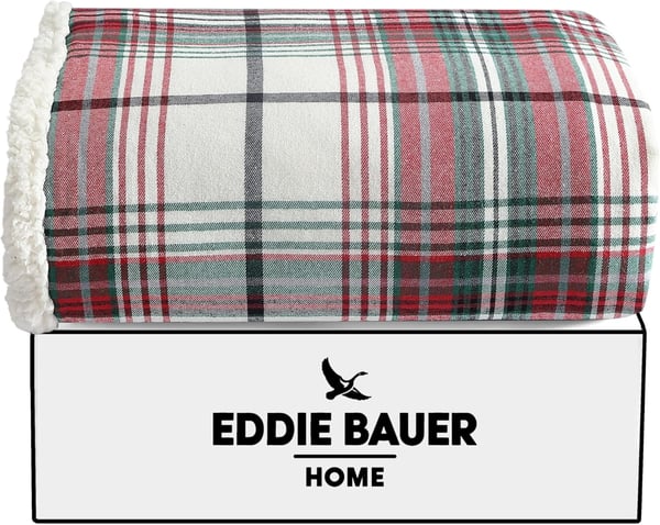 Eddie Bauer  Throw Blanket Super Soft Reversible Cotton Flannel Sherpa Bedding Ideal Christmas ampamp White Elephant Gifts Cozy Plaid Home Decor Montlake Plaid Red ThrowMontlake Plaid Red