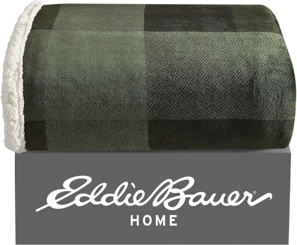 Eddie Bauer  Throw Blanket Reversible Sherpa Fleece Bedding Home Decor for All Seasons Bunkhouse Plaid Beige ThrowPine Plaid GreenBlack