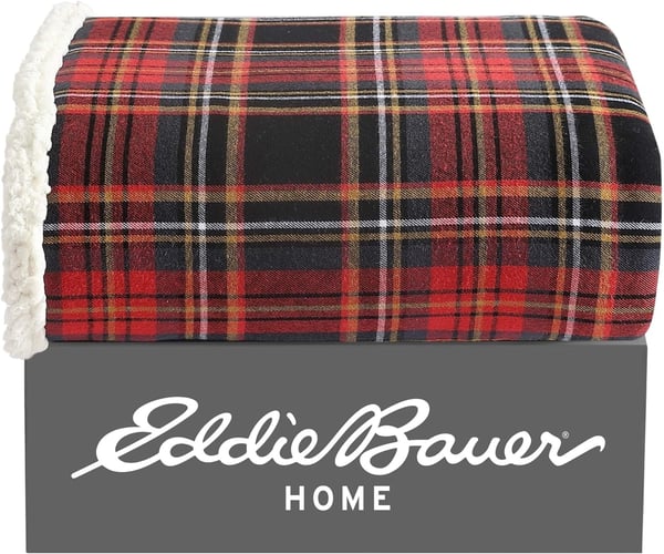 Eddie Bauer  Throw Blanket Cotton Flannel Home Decor All Season Reversible Sherpa Bedding Winslow Charcoal ThrowMountain Tartan RedBlackGold