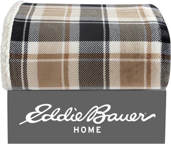 Eddie Bauer  Throw Blanket Reversible Sherpa Fleece Bedding Home Decor for All Seasons Bunkhouse Plaid Beige ThrowRugged Plaid Beige