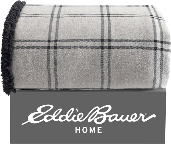 Eddie Bauer  Throw Blanket Cotton Flannel Home Decor All Season Reversible Sherpa Bedding Winslow Charcoal ThrowKettle Falls GreyBlack