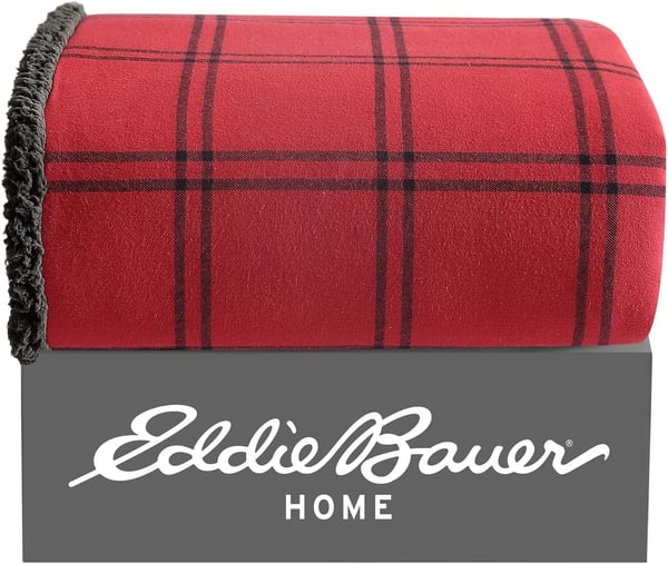 Eddie Bauer  Throw Blanket Cotton Flannel Home Decor All Season Reversible Sherpa Bedding Winslow Charcoal ThrowKettle Falls RedBlack