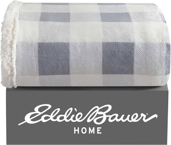 Eddie Bauer  Throw Blanket Reversible Sherpa Fleece Bedding Home Decor for All Seasons Bunkhouse Plaid Beige ThrowChrome GreyWhite