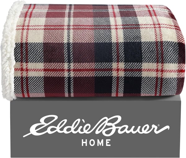 Eddie Bauer  Throw Blanket Super Soft Reversible Sherpa Fleece Bedding Ideal Christmas ampamp White Elephant Gifts Cozy Plaid Home Decor Fair Isle Peak ThrowTrailhead Plaid Red