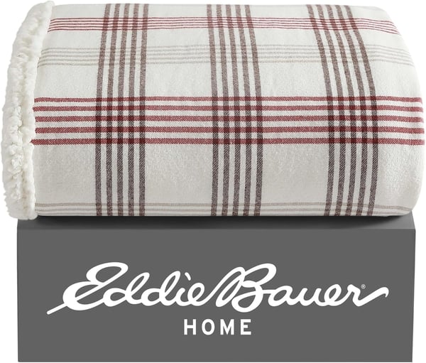 Eddie Bauer  Throw Blanket Super Soft Reversible Cotton Flannel Sherpa Bedding Ideal Christmas ampamp White Elephant Gifts Cozy Plaid Home Decor Montlake Plaid Red ThrowUnion Bay RedKhaki