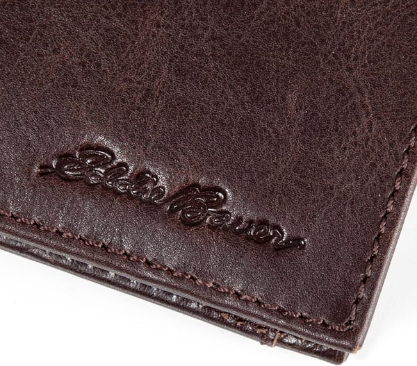 Eddie Bauer Mens Signature Logo Leather Flip Id Bifold Wallet with 6 Card Slots and RFID ProtectionBrown