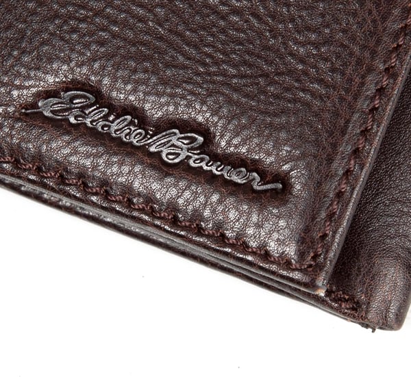 Eddie Bauer Mens Signature Logo Leather Trifold Wallet with 6 Card Slots and RFID ProtectionBrown