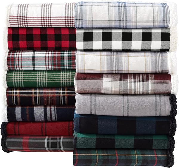 Eddie Bauer  Throw Blanket Cotton Flannel Home Decor All Season Reversible Sherpa Bedding Winslow Charcoal ThrowMontlake Plaid Red