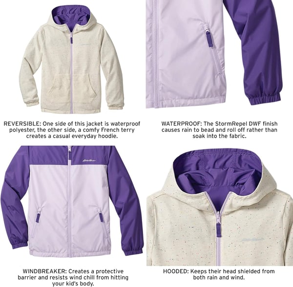 Eddie Bauer Kids Reversible Jacket  Full Zip Hooded Windbreaker Water Repellent Jacket for Boys and Girls XSXLViolet Tulip