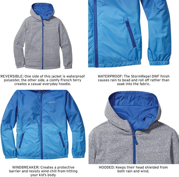 Eddie Bauer Kids Reversible Jacket  Full Zip Hooded Windbreaker Water Repellent Jacket for Boys and Girls XSXLBlue