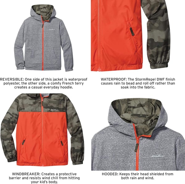 Eddie Bauer Kids Reversible Jacket  Full Zip Hooded Windbreaker Water Repellent Jacket for Boys and Girls XSXLCamo