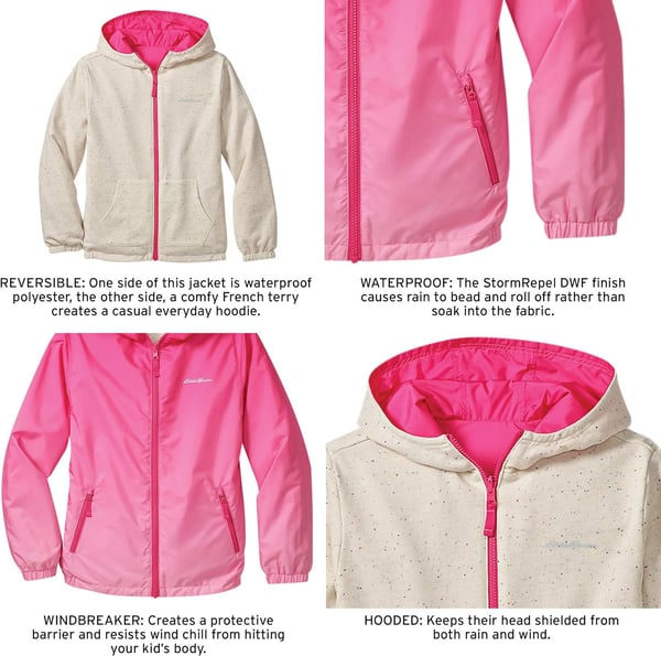 Eddie Bauer Kids Reversible Jacket  Full Zip Hooded Windbreaker Water Repellent Jacket for Boys and Girls XSXLPink