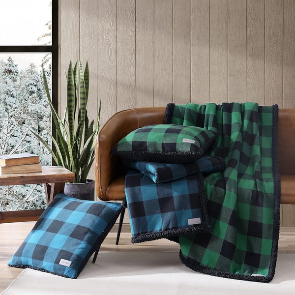 Eddie Bauer  Throw Blanket with Pillow Cover Reversible FlannelSherpa Bedding Set Buffalo Plaid Home Decor for All Seasons GreenBlack Throw BundleThrow with Pillow Cover GreenBlack