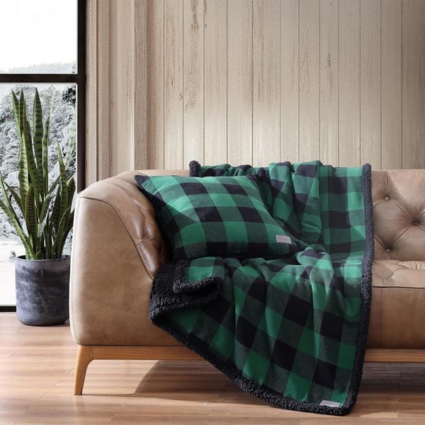 Eddie Bauer  Throw Blanket with Pillow Cover Reversible FlannelSherpa Bedding Set Buffalo Plaid Home Decor for All Seasons GreenBlack Throw BundleThrow with Pillow Cover GreenBlack