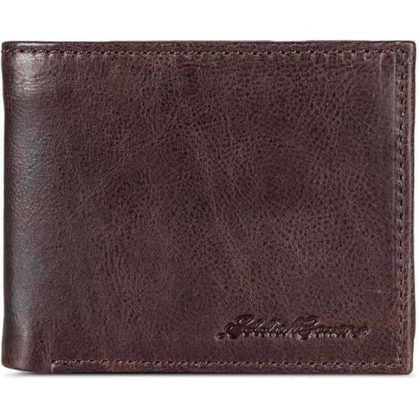 Eddie Bauer Mens Signature Logo Leather Flip Id Bifold Wallet with 6 Card Slots and RFID ProtectionBrown