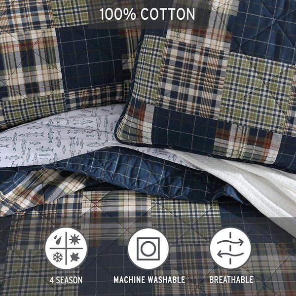 Eddie Bauer  Queen Quilt Set Cotton Reversible Bedding with Matching Shams Lightweight Home Decor for All Seasons Madrona NavyRed QueenMadrona Plaid NavyGreen