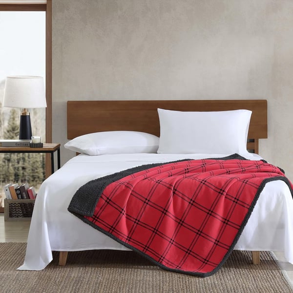 Eddie Bauer  Throw Blanket Cotton Flannel Home Decor All Season Reversible Sherpa Bedding Winslow Charcoal ThrowKettle Falls RedBlack