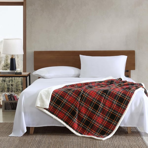 Eddie Bauer  Throw Blanket Cotton Flannel Home Decor All Season Reversible Sherpa Bedding Winslow Charcoal ThrowMountain Tartan RedBlackGold