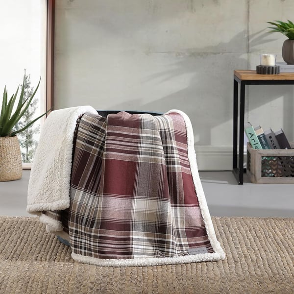 Eddie Bauer  Throw Blanket Cotton Flannel Home Decor All Season Reversible Sherpa Bedding Winslow Charcoal ThrowTwin Lakes Red