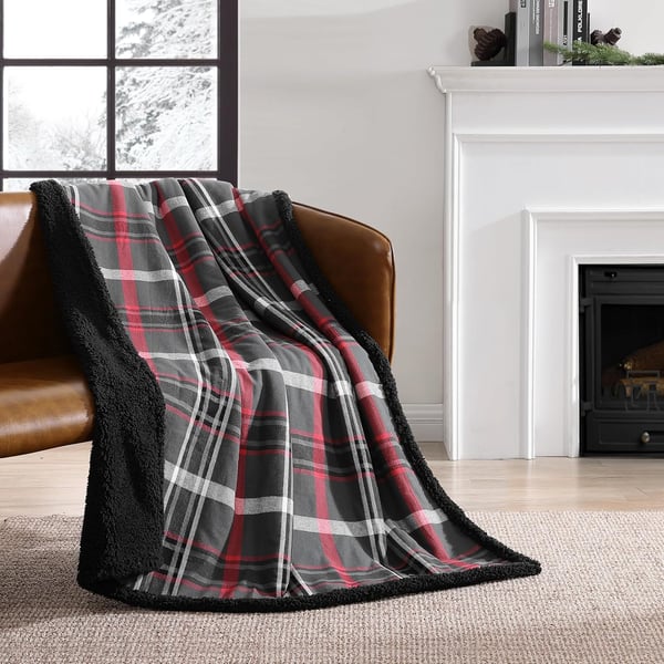 Eddie Bauer  Throw Blanket Cotton Flannel Home Decor All Season Reversible Sherpa Bedding Winslow Charcoal ThrowWinslow CharcoalRed