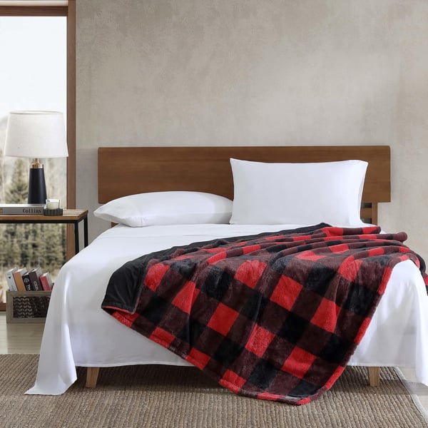 Eddie Bauer  Throw Blanket Faux Fur Reversible Bedding Buffalo Plaid Home Decor for All Seasons RedBlack 50 x 60Throw Only RedBlack