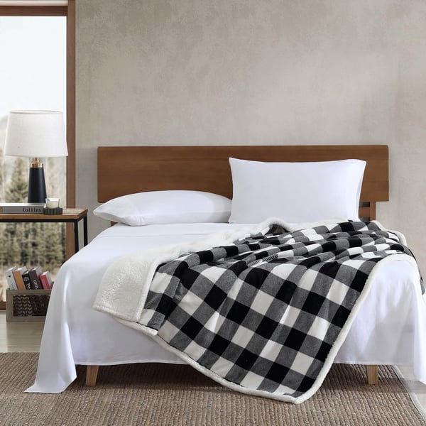 Eddie Bauer  Throw Blanket Reversible Sherpa Fleece Bedding Buffalo Plaid Home Decor for All Seasons Black Check ThrowThrow Black Check