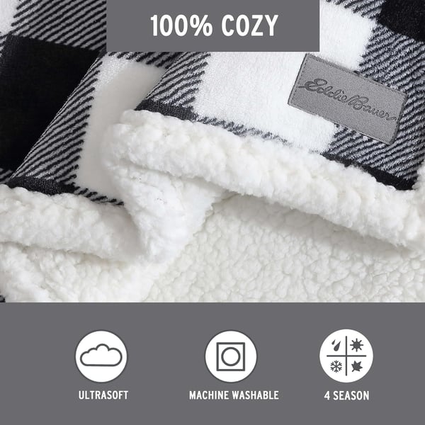 Eddie Bauer  Throw Blanket Reversible Sherpa Fleece Bedding Buffalo Plaid Home Decor for All Seasons Black Check ThrowThrow Black Check