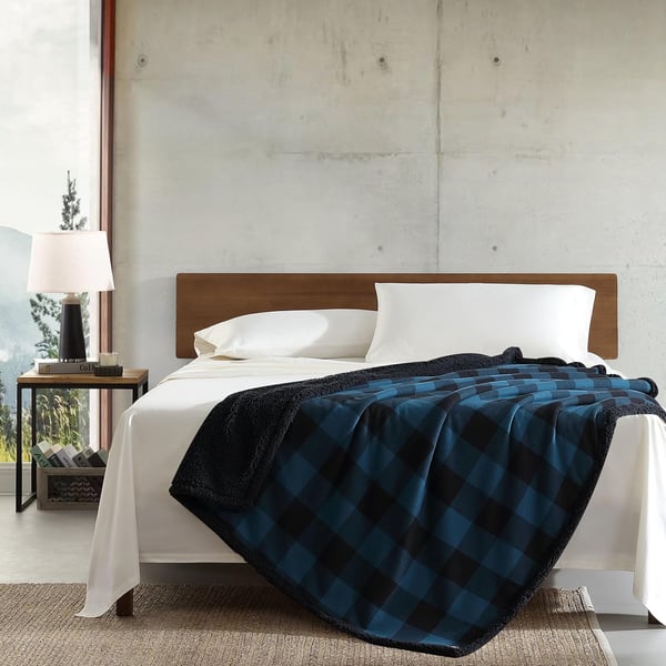 Eddie Bauer  Throw Blanket Reversible Sherpa Fleece Bedding Buffalo Plaid Home Decor for All Seasons Black Check ThrowThrow Midnight BlueBlack