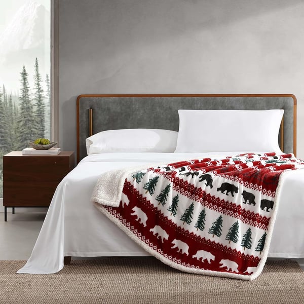 Eddie Bauer  Throw Blanket Reversible Sherpa Fleece Bedding Home Decor for All Seasons Bunkhouse Plaid Beige ThrowGrizzly Peak RedWhiteGreen