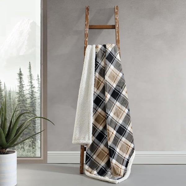 Eddie Bauer  Throw Blanket Reversible Sherpa Fleece Bedding Home Decor for All Seasons Bunkhouse Plaid Beige ThrowRugged Plaid Beige