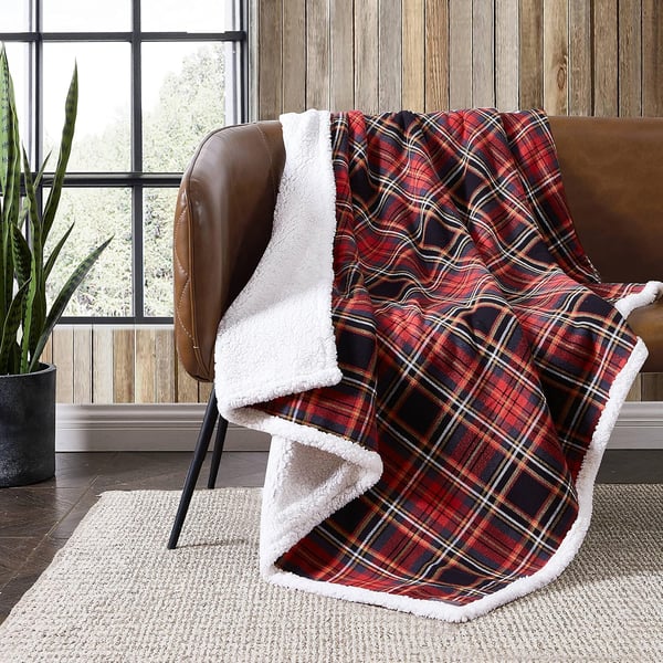 Eddie Bauer  Throw Blanket Super Soft Reversible Cotton Flannel Sherpa Bedding Ideal Christmas ampamp White Elephant Gifts Cozy Plaid Home Decor Montlake Plaid Red ThrowMountain Tartan RedBlackGold